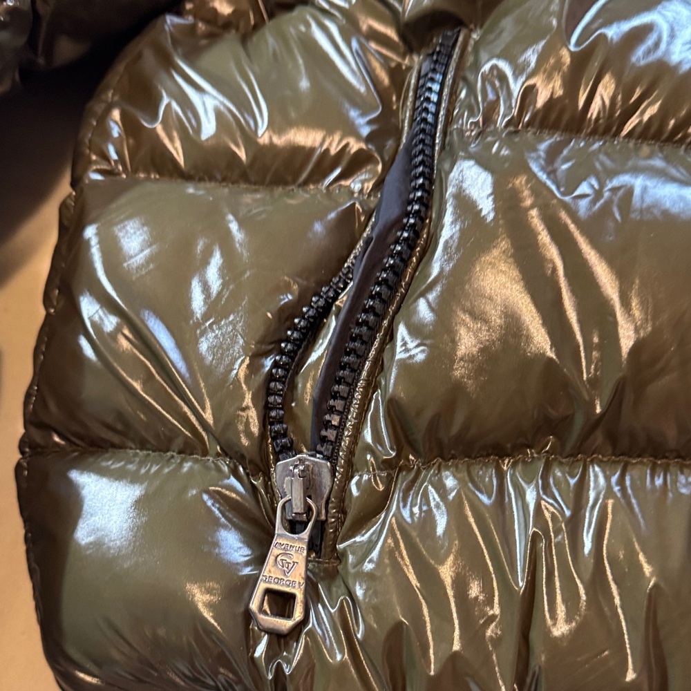Shiny Olive Puffer Jacket with Fur Hood. Avenue  George V Paris - Picture 2 of 7